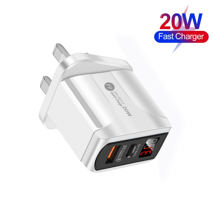 F002C QC3.0 USB + USB 2.0 LED 數字顯示快充充電器，附 USB 轉 Type-C 數據線，英規插頭，英規插頭 + Type-C 線