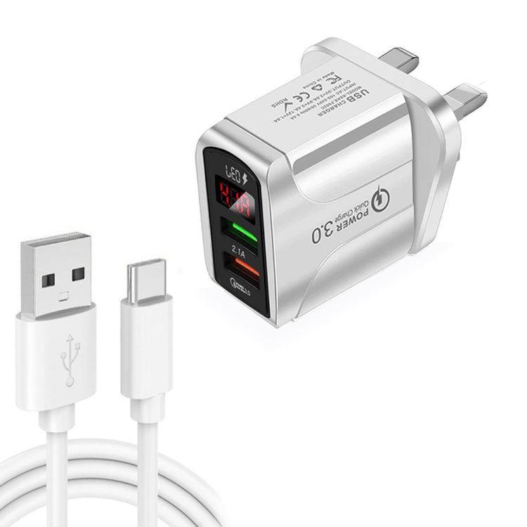 F002C QC3.0 USB + USB 2.0 LED 數字顯示快充充電器，附 USB 轉 Type-C 數據線，英規插頭，英規插頭 + Type-C 線