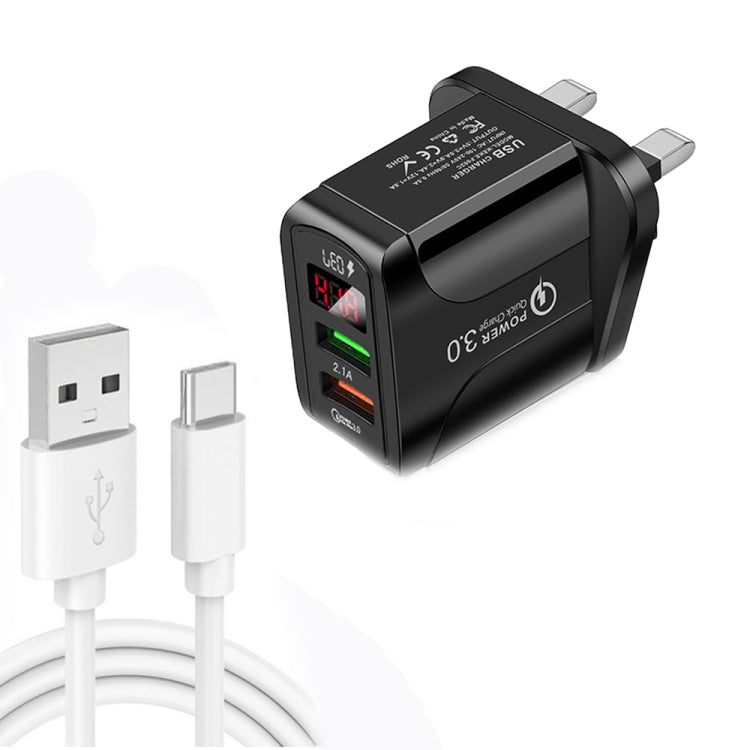 F002C QC3.0 USB + USB 2.0 LED 數字顯示快充充電器，附 USB 轉 Type-C 數據線，英規插頭，英規插頭 + Type-C 線