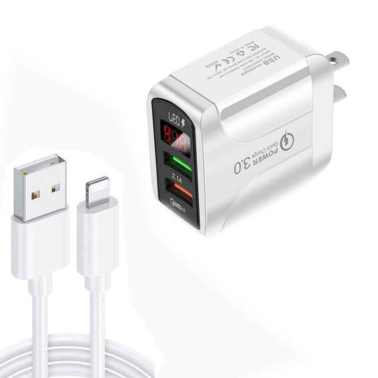 F002C QC3.0 USB + USB 2.0 LED 數字顯示快速充電器，附 USB 轉 8 Pin 數據線，美國插頭，美國插頭 + 8 Pin 線
