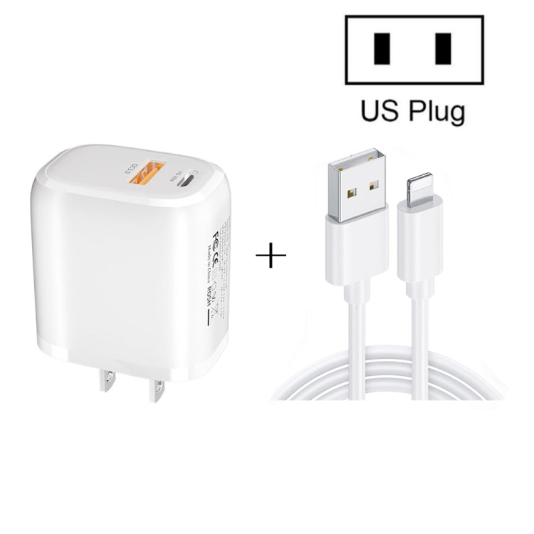 CS-20W Mini Portable PD3.0 + QC3.0 Dual Ports Fast Charger with 3A USB to 8 Pin Data Cable, Charger + USB to 8 Pin Cable