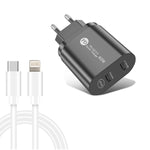 002 40W 雙埠 PD / Type-C 快速充電器，附 USB-C 轉 8 Pin 數據線，歐規插頭，歐規插頭 + Type-C 轉 8 Pin 線