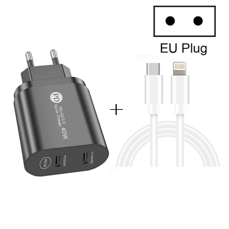 002 40W 雙埠 PD / Type-C 快速充電器，附 USB-C 轉 8 Pin 數據線，歐規插頭，歐規插頭 + Type-C 轉 8 Pin 線