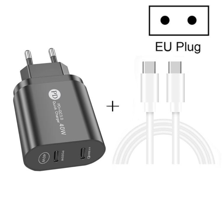 002 40W PD3.0 雙埠 USB-C / Type-C 充電器，附 Type-C 轉 Type-C 數據線，歐規插頭，歐規插頭 + Type-C 轉 Type-C 線