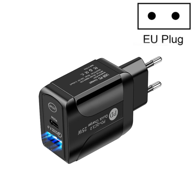PD25W USB-C / Type-C + QC3.0 USB 雙埠快速充電器，歐規插頭，歐規插頭