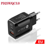 PD25W USB-C / Type-C + QC3.0 USB Dual Ports Fast Charger, EU Plug, EU Plug
