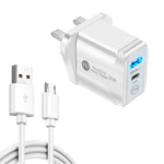 PD25W USB-C / Type-C + QC3.0 USB 雙埠快速充電器，附USB轉Micro USB數據線，英規插頭，英規插頭 + USB轉Micro USB線