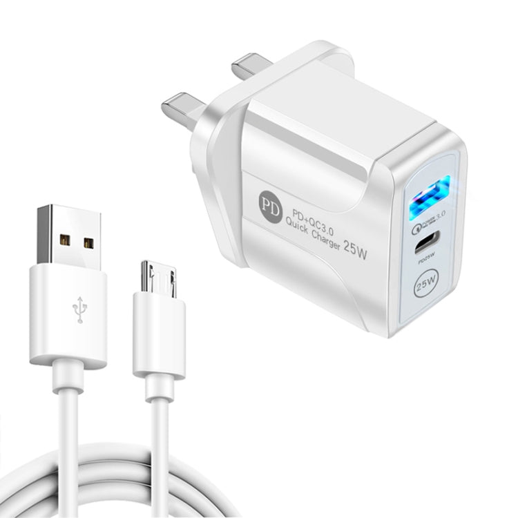 PD25W USB-C / Type-C + QC3.0 USB 雙埠快速充電器，附USB轉Micro USB數據線，英規插頭，英規插頭 + USB轉Micro USB線