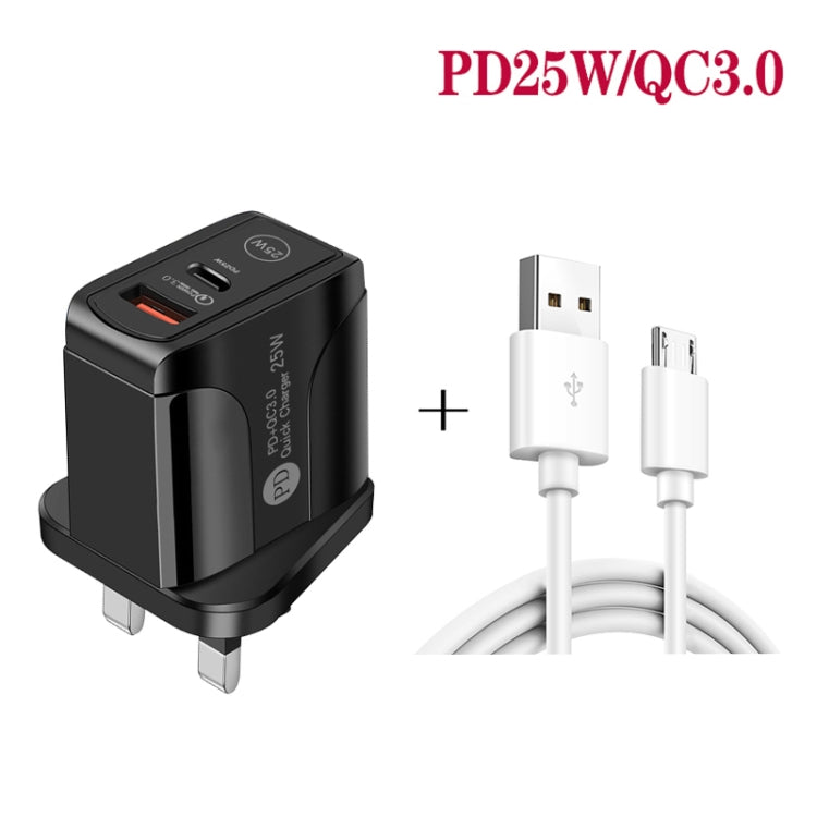 PD25W USB-C / Type-C + QC3.0 USB 雙埠快速充電器，附USB轉Micro USB數據線，英規插頭，英規插頭 + USB轉Micro USB線