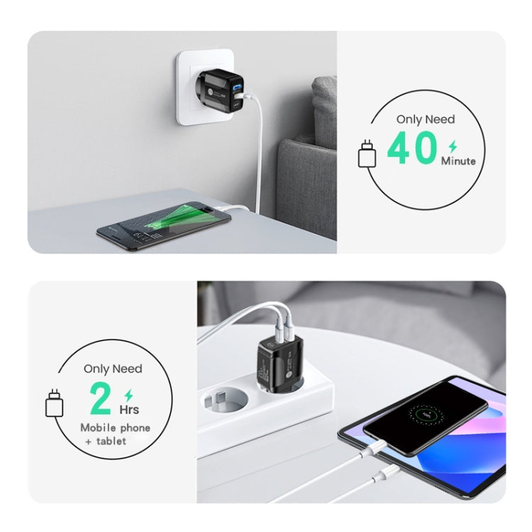 PD25W USB-C / Type-C + QC3.0 USB 雙埠快速充電器，附USB轉Micro USB數據線，英規插頭，英規插頭 + USB轉Micro USB線