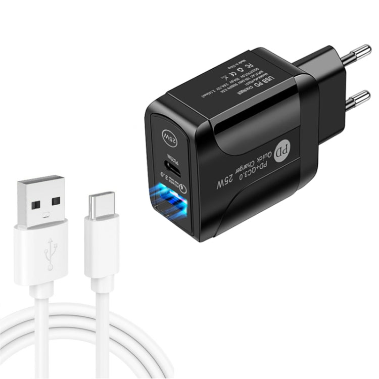 PD25W USB-C / Type-C + QC3.0 USB 雙埠快速充電器，附USB轉Type-C數據線，歐規插頭，歐規插頭 + USB轉Type-C線