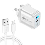 PD25W USB-C / Type-C + QC3.0 USB 雙埠快速充電器，附USB轉Type-C數據線，英規插頭，英規插頭 + USB轉Type-C線