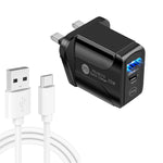 PD25W USB-C / Type-C + QC3.0 USB 雙埠快速充電器，附USB轉Type-C數據線，英規插頭，英規插頭 + USB轉Type-C線