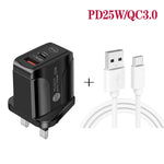 PD25W USB-C / Type-C + QC3.0 USB 雙埠快速充電器，附USB轉Type-C數據線，英規插頭，英規插頭 + USB轉Type-C線