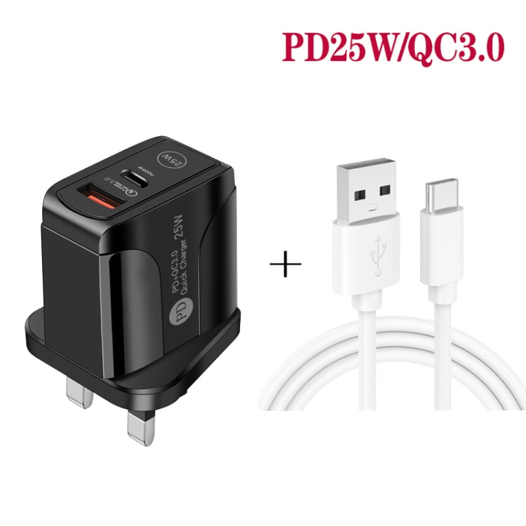 PD25W USB-C / Type-C + QC3.0 USB 雙埠快速充電器，附USB轉Type-C數據線，英規插頭，英規插頭 + USB轉Type-C線