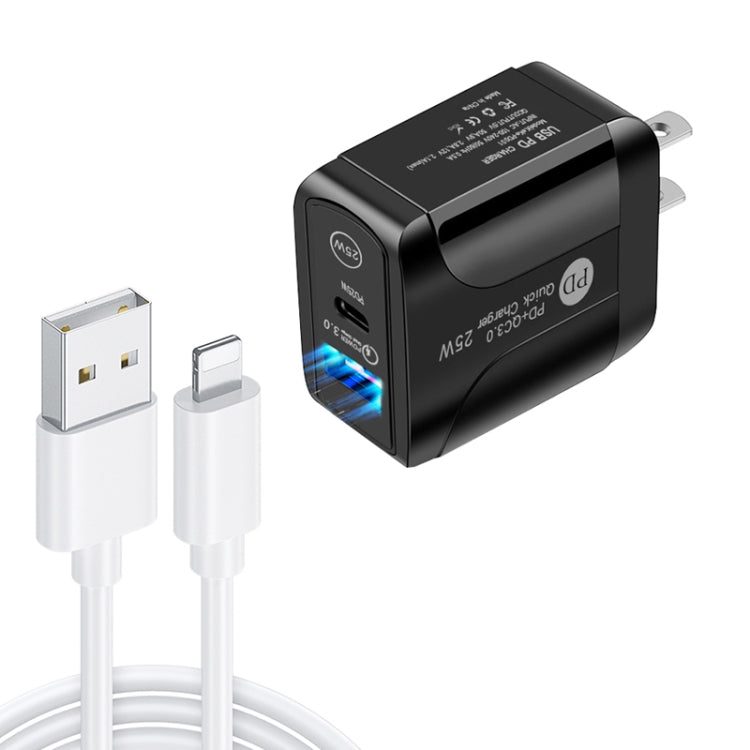 PD25W USB-C / Type-C + QC3.0 USB 雙埠快速充電器，附 USB 轉 8 Pin 數據線，美規插頭，美規插頭 + USB 轉 8 Pin 線