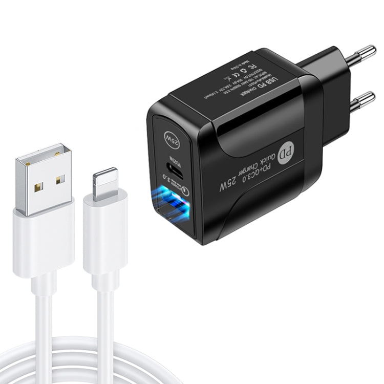 PD25W USB-C / Type-C + QC3.0 USB 雙埠快速充電器，附 USB 轉 8 Pin 數據線，歐規插頭，歐規插頭 + USB 轉 8 Pin 線