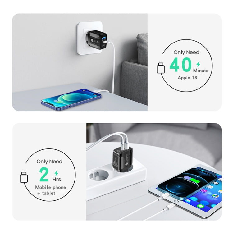 PD25W USB-C / Type-C + QC3.0 USB Dual Ports Fast Charger with USB to 8 Pin Data Cable, EU Plug, EU Plug + USB to 8 Pin Cable
