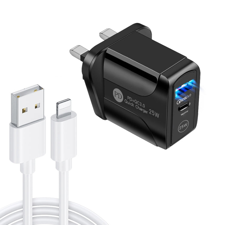 PD25W USB-C / Type-C + QC3.0 USB 雙埠快速充電器，附 USB 轉 8 Pin 數據線，英規插頭，英規插頭 + USB 轉 8 Pin 線