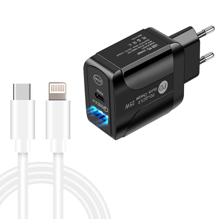 PD25W USB-C / Type-C + QC3.0 USB 雙埠快速充電器，附 USB-C 轉 8 Pin 數據線，歐規插頭，歐規插頭 + USB-C 轉 8 Pin 線
