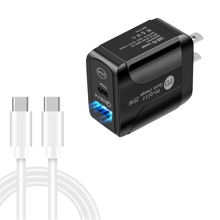 PD25W USB-C / Type-C + QC3.0 USB 雙埠快速充電器，附USB-C轉USB-C數據線，美規插頭，美規插頭 + USB-C轉USB-C線