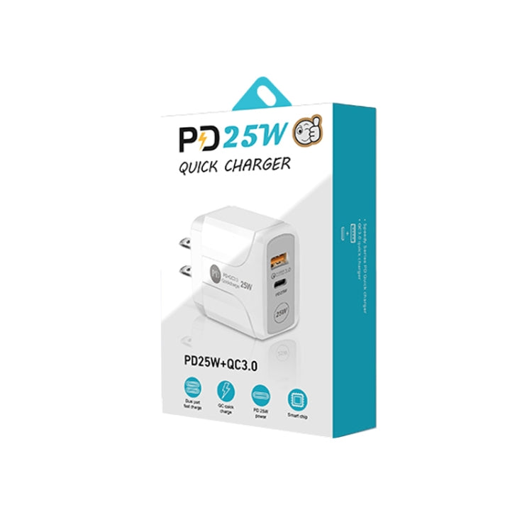 PD25W USB-C / Type-C + QC3.0 USB 雙埠快速充電器，附USB-C轉USB-C數據線，美規插頭，美規插頭 + USB-C轉USB-C線