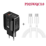 PD25W USB-C / Type-C + QC3.0 USB 雙埠快速充電器，附USB-C轉USB-C數據線，歐規插頭，歐規插頭 + USB-C轉USB-C線