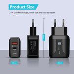 PD25W USB-C / Type-C + QC3.0 USB 雙埠快速充電器，附USB-C轉USB-C數據線，歐規插頭，歐規插頭 + USB-C轉USB-C線