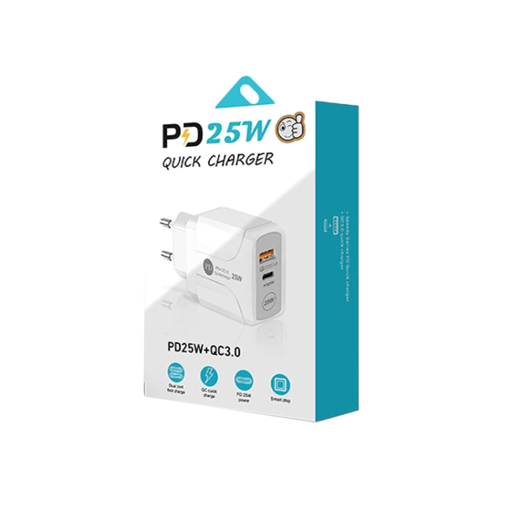 PD25W USB-C / Type-C + QC3.0 USB 雙埠快速充電器，附USB-C轉USB-C數據線，歐規插頭，歐規插頭 + USB-C轉USB-C線
