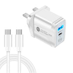 PD25W USB-C / Type-C + QC3.0 USB 雙埠快速充電器，附USB-C轉USB-C數據線，英規插頭，英規插頭 + USB-C轉USB-C線