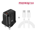 PD25W USB-C / Type-C + QC3.0 USB 雙埠快速充電器，附USB-C轉USB-C數據線，英規插頭，英規插頭 + USB-C轉USB-C線