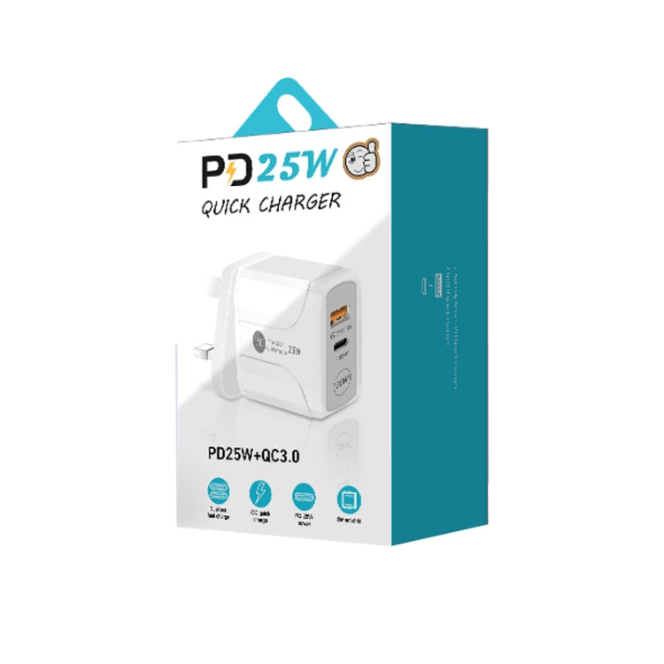 PD25W USB-C / Type-C + QC3.0 USB 雙埠快速充電器，附USB-C轉USB-C數據線，英規插頭，英規插頭 + USB-C轉USB-C線