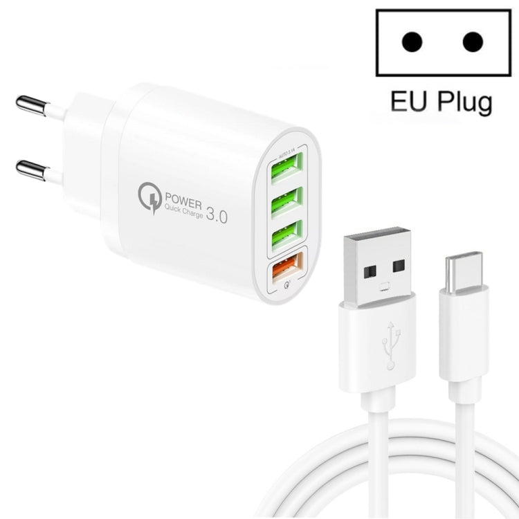 QC-04 QC3.0 + 3埠USB2.0 多埠充電器，附3A USB轉Type-C數據線，歐規插頭，歐規插頭 + Type-C線