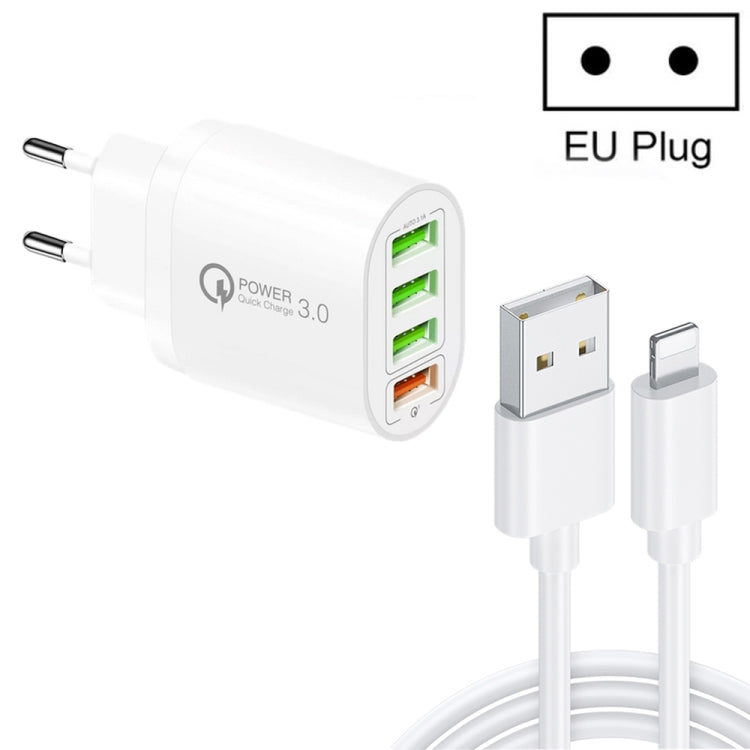 QC-04 QC3.0 + 3埠 USB2.0 多埠充電器，附3A USB轉8針數據線，歐盟插頭，歐盟插頭 + 8針線