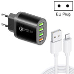 QC-04 QC3.0 + 3埠 USB2.0 多埠充電器，附3A USB轉8針數據線，歐盟插頭，歐盟插頭 + 8針線