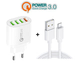 QC-04 QC3.0 + 3埠 USB2.0 多埠充電器，附3A USB轉8針數據線，歐盟插頭，歐盟插頭 + 8針線