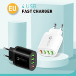QC-04 QC3.0 + 3埠 USB2.0 多埠充電器，附3A USB轉8針數據線，歐盟插頭，歐盟插頭 + 8針線