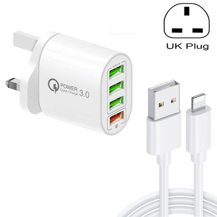 QC-04 QC3.0 + 3埠 USB2.0 多埠充電器，附3A USB轉8針數據線，英國插頭，英國插頭 + 8針線