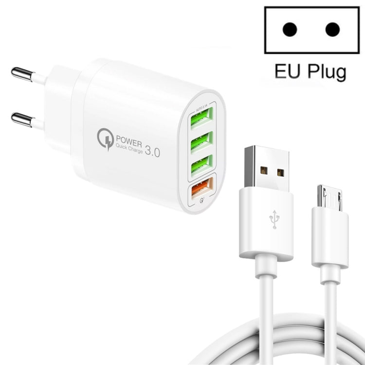 QC-04 QC3.0 + 3埠USB2.0 多埠充電器，附3A USB轉Micro USB數據線，歐規插頭，歐規插頭 + Micro USB線