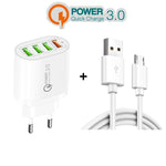 QC-04 QC3.0 + 3埠USB2.0 多埠充電器，附3A USB轉Micro USB數據線，歐規插頭，歐規插頭 + Micro USB線