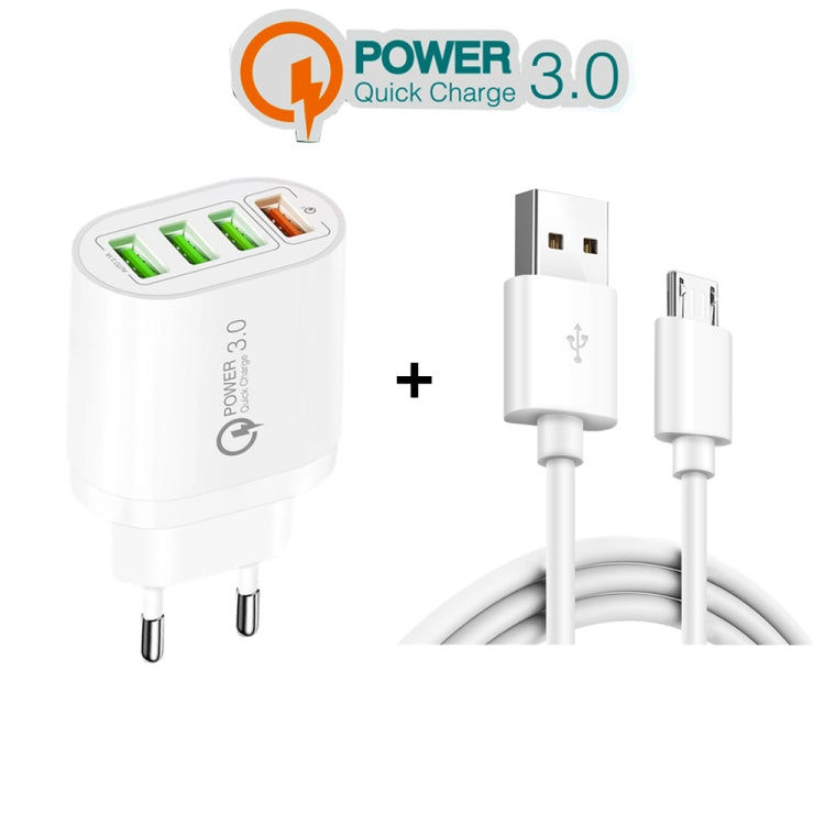 QC-04 QC3.0 + 3埠USB2.0 多埠充電器，附3A USB轉Micro USB數據線，歐規插頭，歐規插頭 + Micro USB線