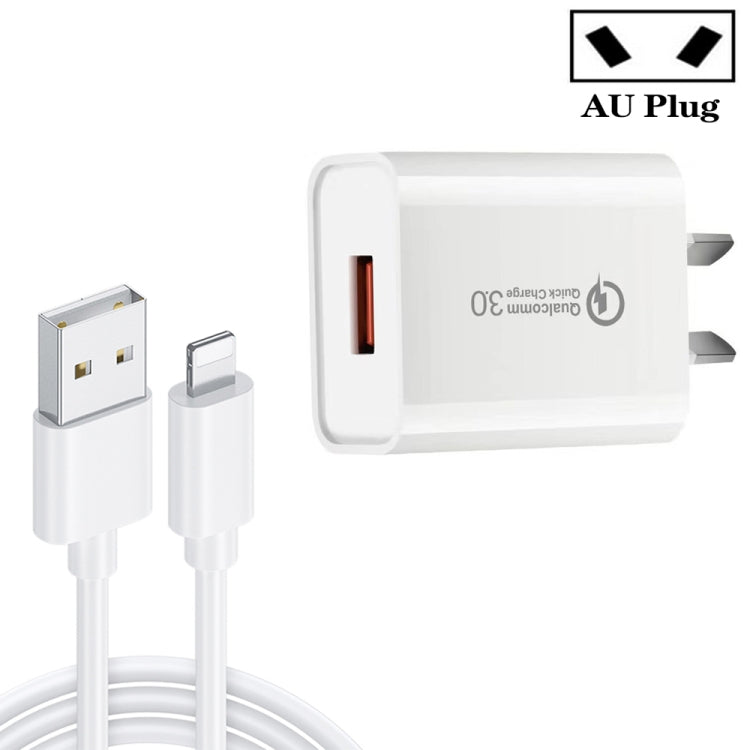 CA-25 QC3.0 USB 3A 快速充電器，附 USB 轉 8 Pin 數據線，澳規插頭，澳規插頭 + 8 Pin 線