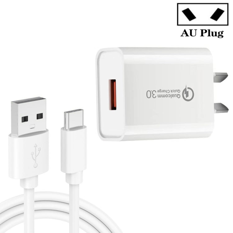 CA-25 QC3.0 USB 3A 快速充電器，附1米USB轉Type-C數據線，澳規插頭，澳規插頭 + Type-C線