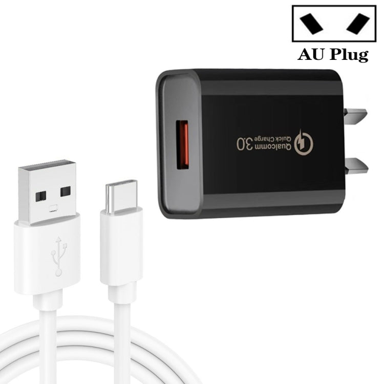 CA-25 QC3.0 USB 3A 快速充電器，附1米USB轉Type-C數據線，澳規插頭，澳規插頭 + Type-C線