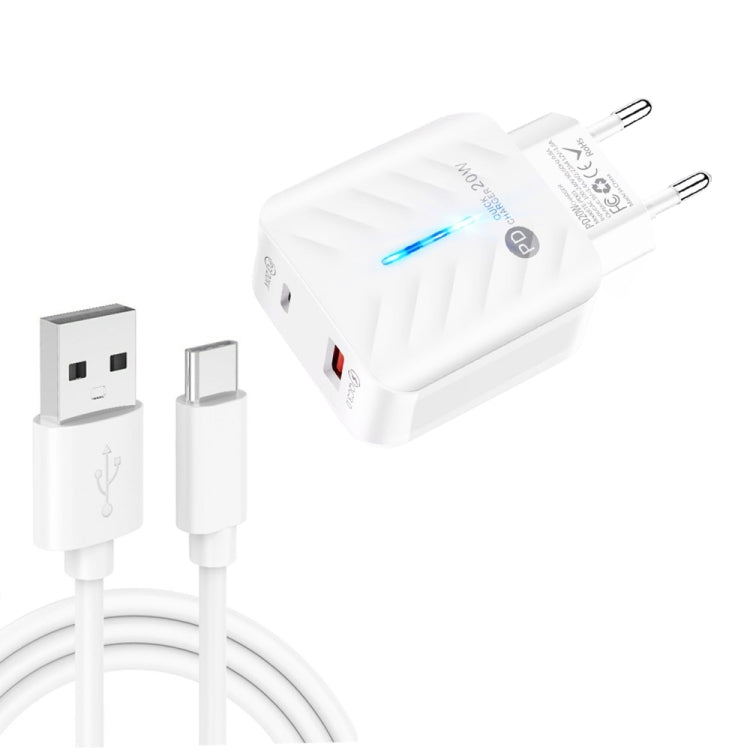 PD03 20W PD3.0 + QC3.0 USB 充電器，附 USB 對 Type-C 數據線，歐洲插頭，歐洲插頭，歐洲插頭 + USB 對 Type-C 線