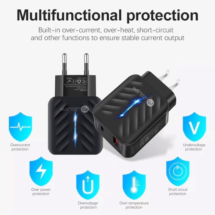 PD03 20W PD3.0 + QC3.0 USB Charger with USB to 8 Pin Data Cable, EU Plug, EU Plug + USB to 8 Pin Cable
