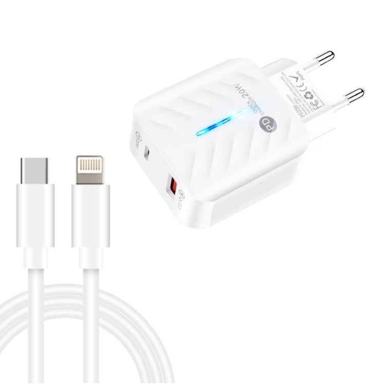 PD03 20W PD3.0 + QC3.0 USB 充電器，附 Type-C 轉 8 Pin 數據線，歐規插頭，歐規插頭 + Type-C 轉 8 Pin 線