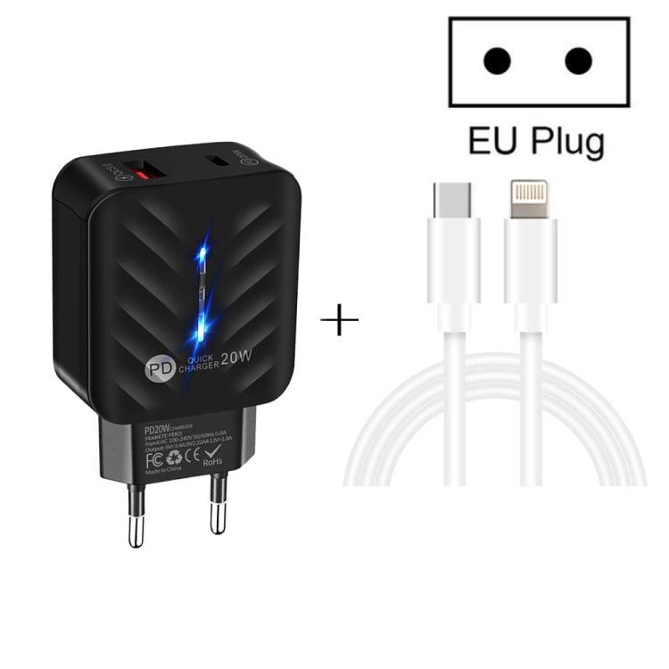 PD03 20W PD3.0 + QC3.0 USB 充電器，附 Type-C 轉 8 Pin 數據線，歐規插頭，歐規插頭 + Type-C 轉 8 Pin 線