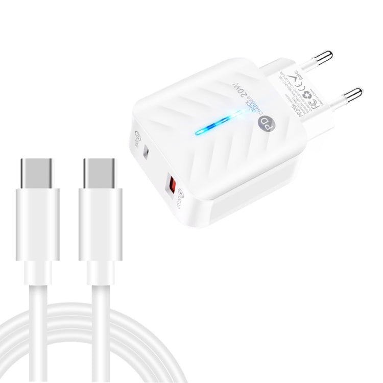 PD03 20W PD3.0 + QC3.0 USB 充電器，附 Type-C 對 Type-C 數據線，歐洲插頭，歐洲插頭 + Type-C 對 Type-C 線
