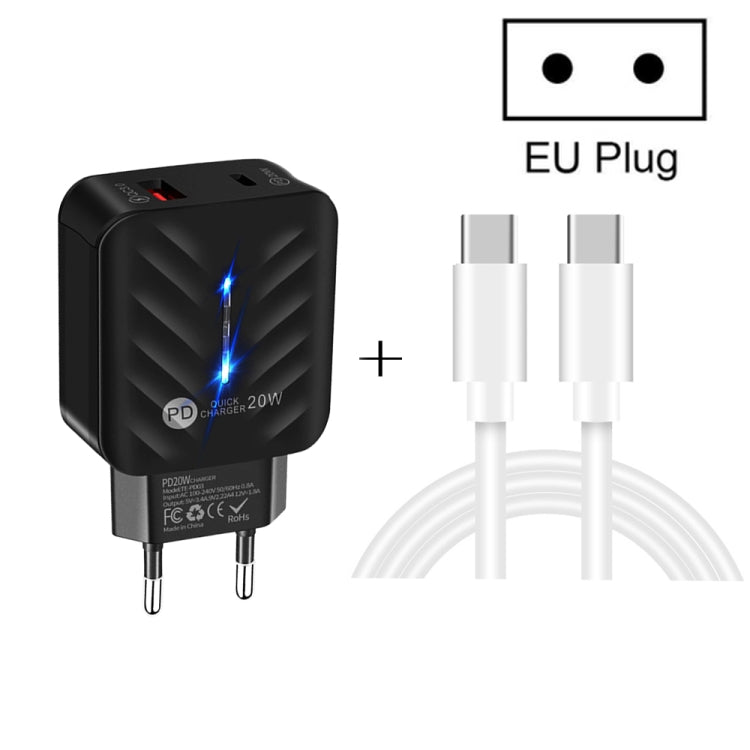 PD03 20W PD3.0 + QC3.0 USB 充電器，附 Type-C 對 Type-C 數據線，歐洲插頭，歐洲插頭 + Type-C 對 Type-C 線